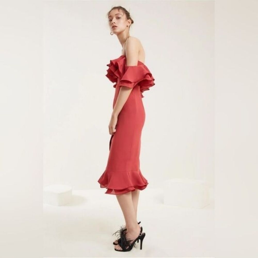 C/Meo Collective Rose Immerse Off‎ The Shoulder Layered Ruffle Midi Sheath Dress